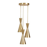 Orion Mid-Century Modern triple pendant chandelier featuring three brass hourglass shades suspended from a round canopy.