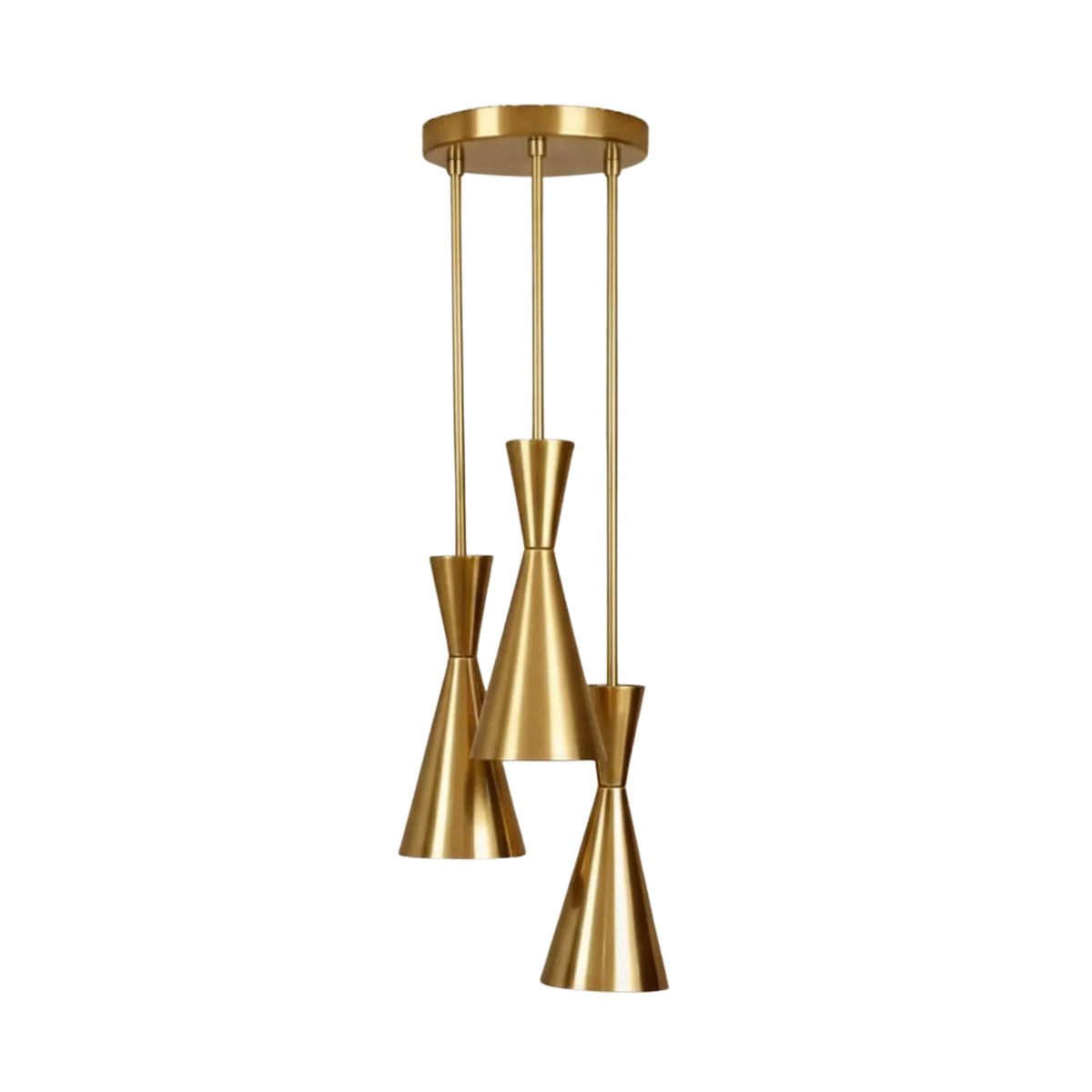 Detailed view of Orion sculptural brass chandelier with three geometric hourglass shades and slim suspension rods.