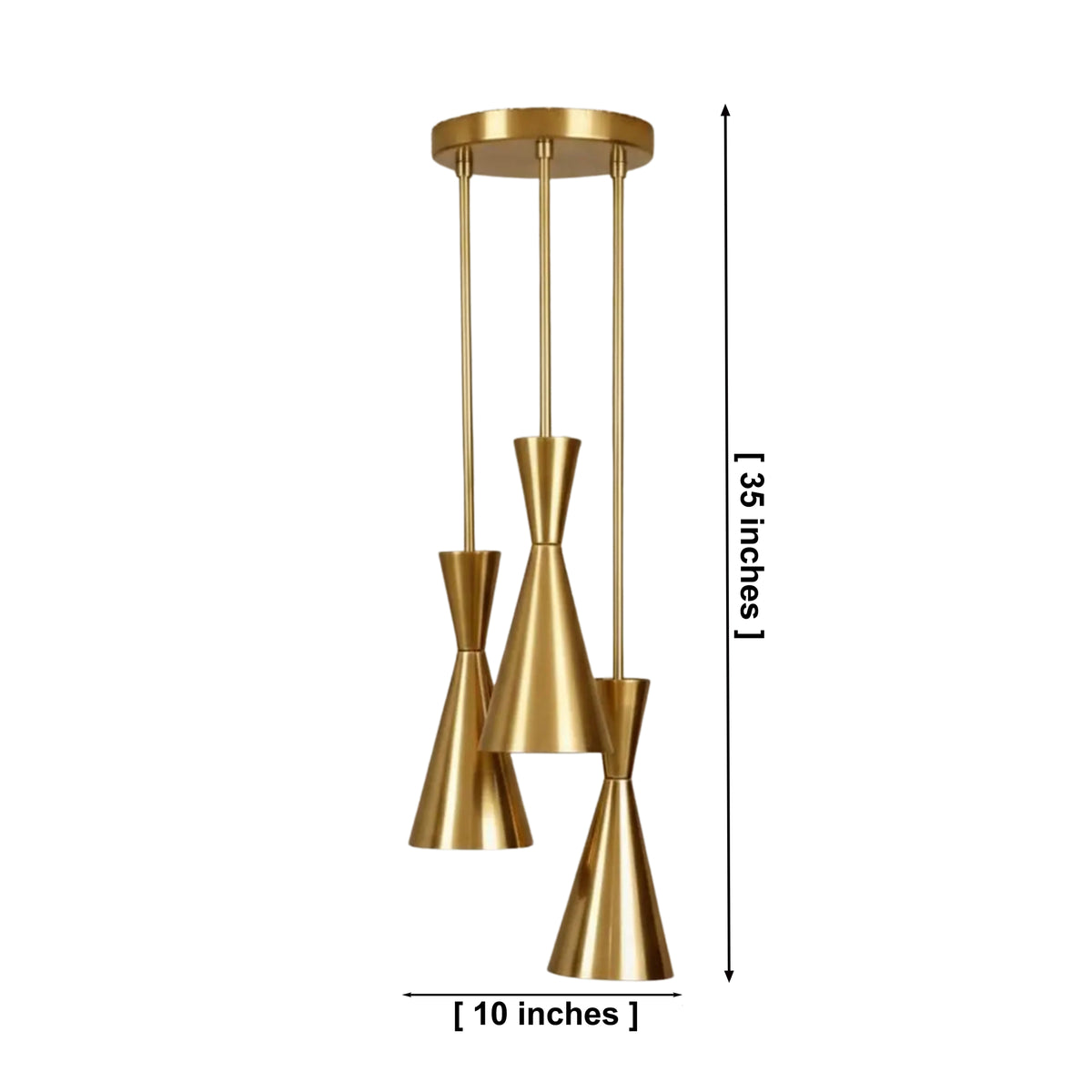 Orion triple hourglass pendant chandelier dimensions showing 35 inch height and 10 inch overall width.