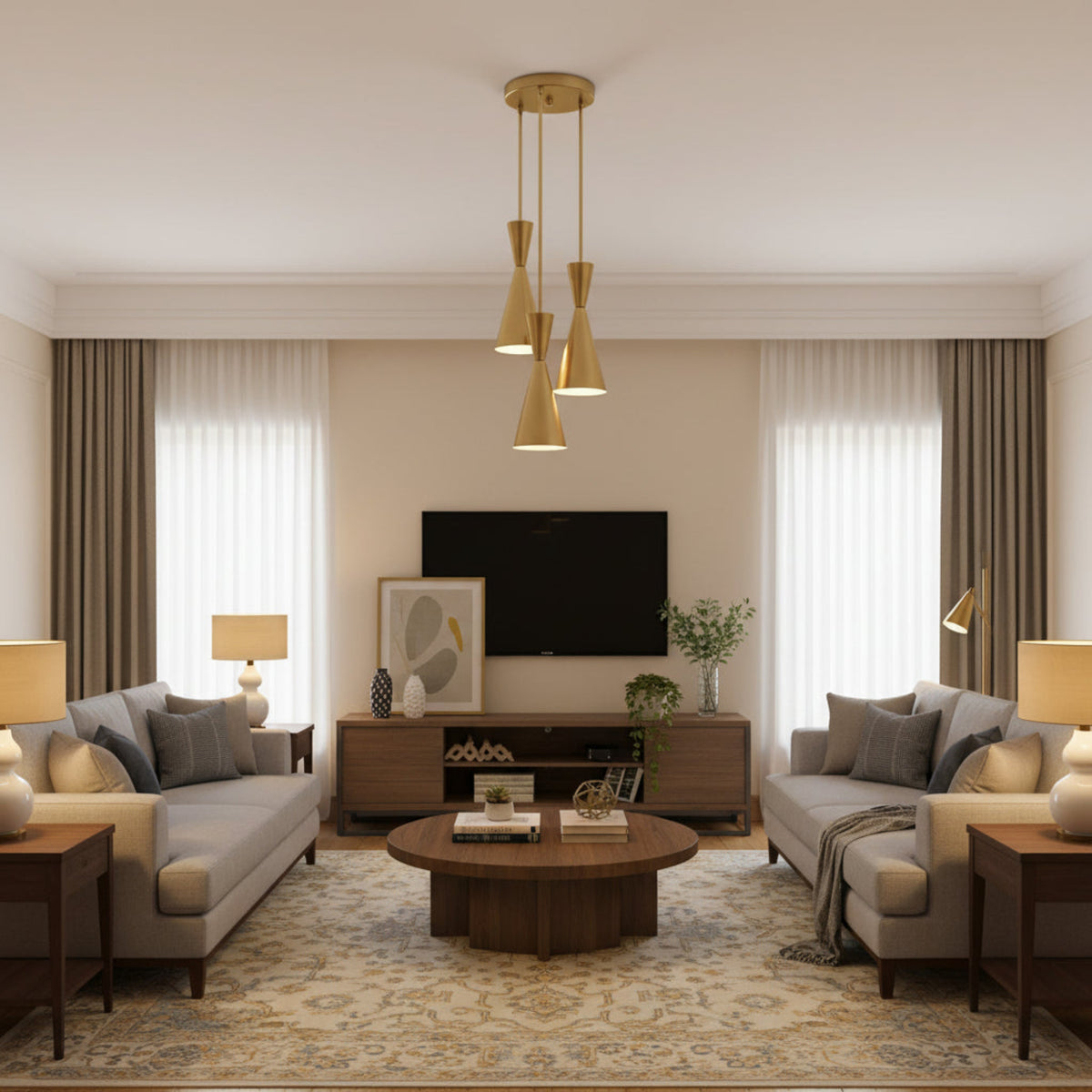 Orion 3 light hourglass pendant chandelier in brass finish with staggered sculptural cone shades, front view.