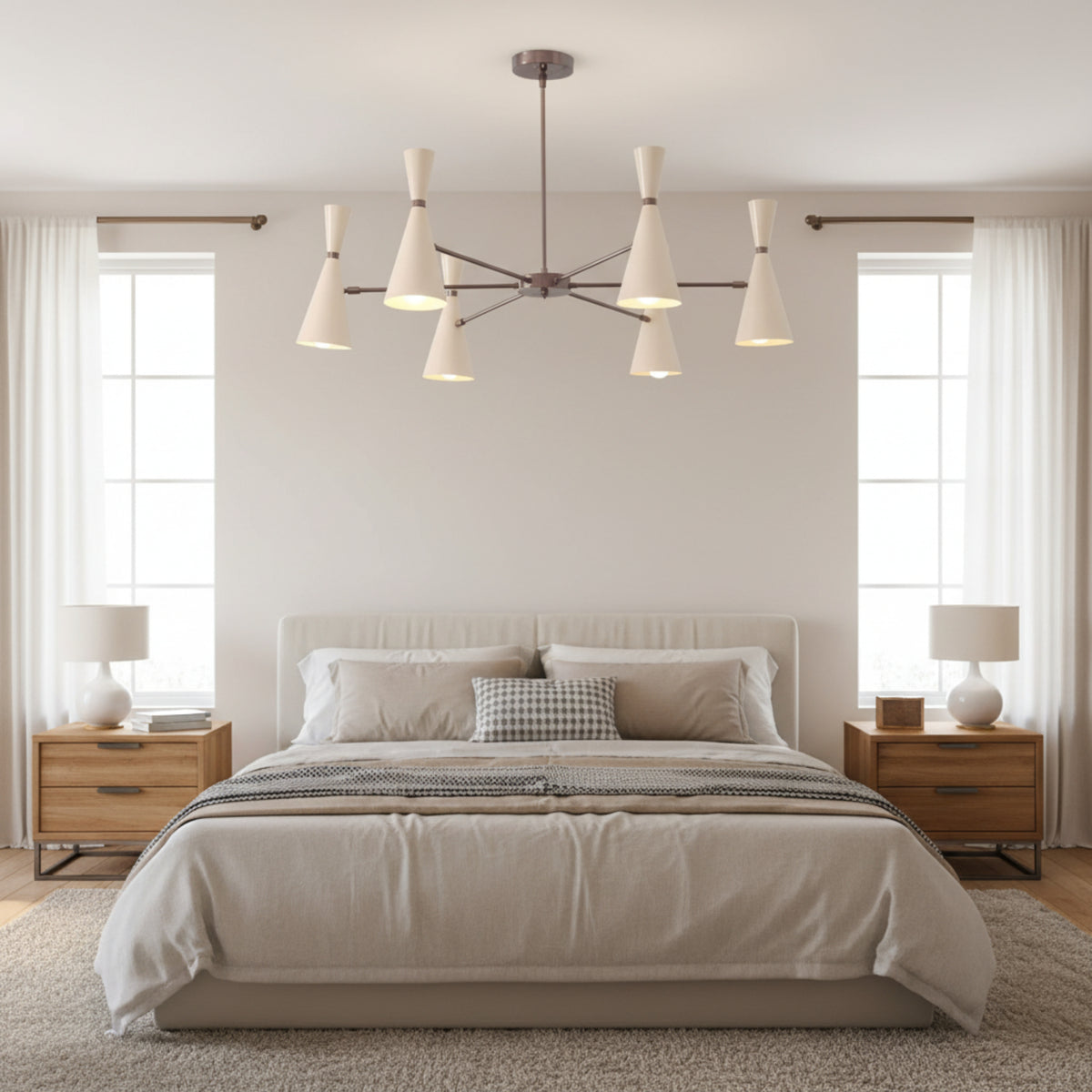 Osaka 6 light double-cone chandelier shown from the front with white hourglass-inspired shades and a sculptural multi-arm frame.