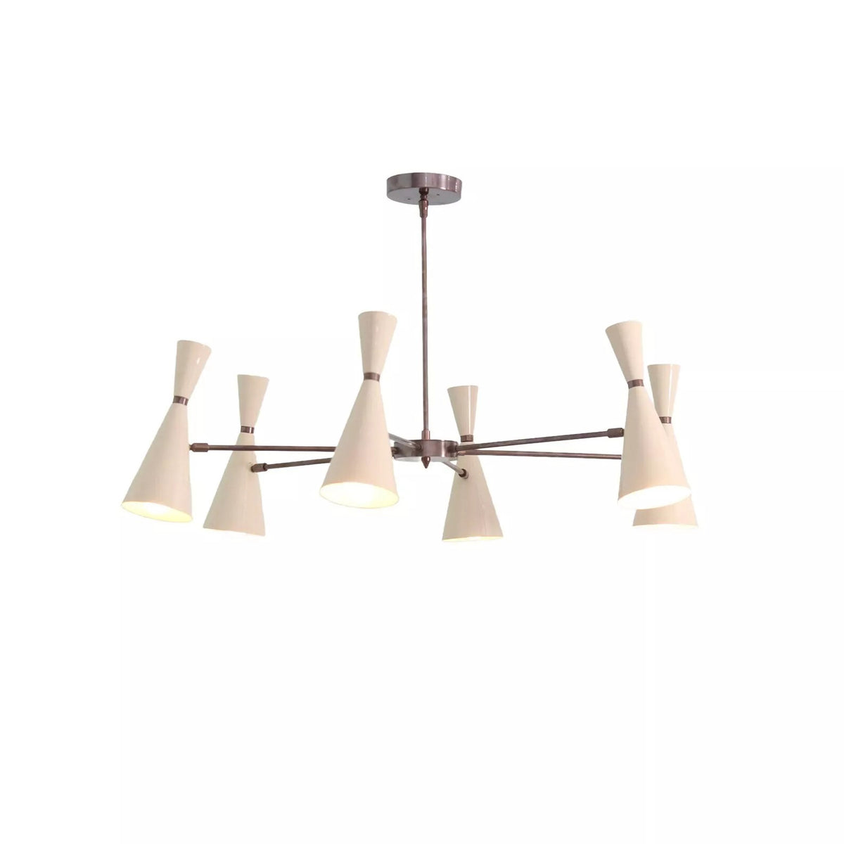 Osaka 6 light chandelier shown from an angled view highlighting its white double-cone shades, slender radial arms, and downrod suspension.