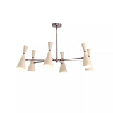 Osaka 6 light chandelier shown from an angled view highlighting its white double-cone shades, slender radial arms, and downrod suspension.