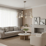 Osaka 6 light Mid-Century Modern chandelier shown from the front with sculptural white double-cone shades and radial metal arms.
