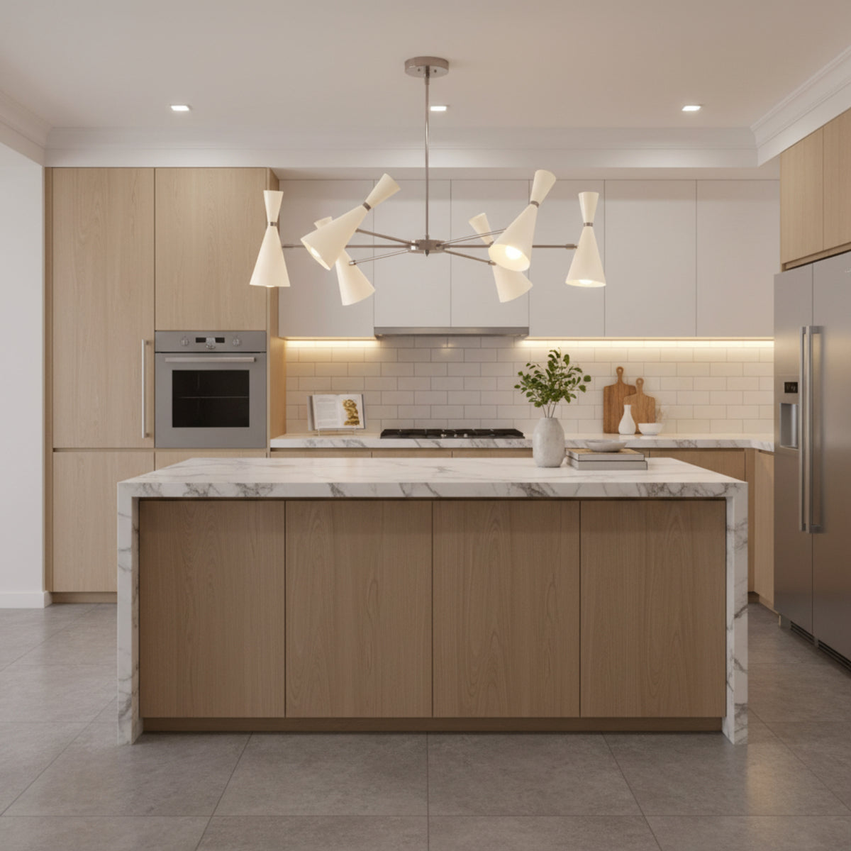 Osaka 6 light Mid-Century chandelier shown from a side angle with sculptural white cone shades and an architectural radial frame.