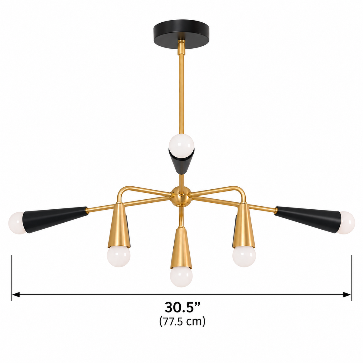 Dimension diagram of the Osaka 6-light black and brass chandelier showing its 30.5-inch width, sculptural multi-arm design, tapered cone holders, and exposed white globe bulbs.