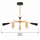 Dimension diagram of the Osaka 6-light black and brass chandelier showing its 30.5-inch width, sculptural multi-arm design, tapered cone holders, and exposed white globe bulbs.