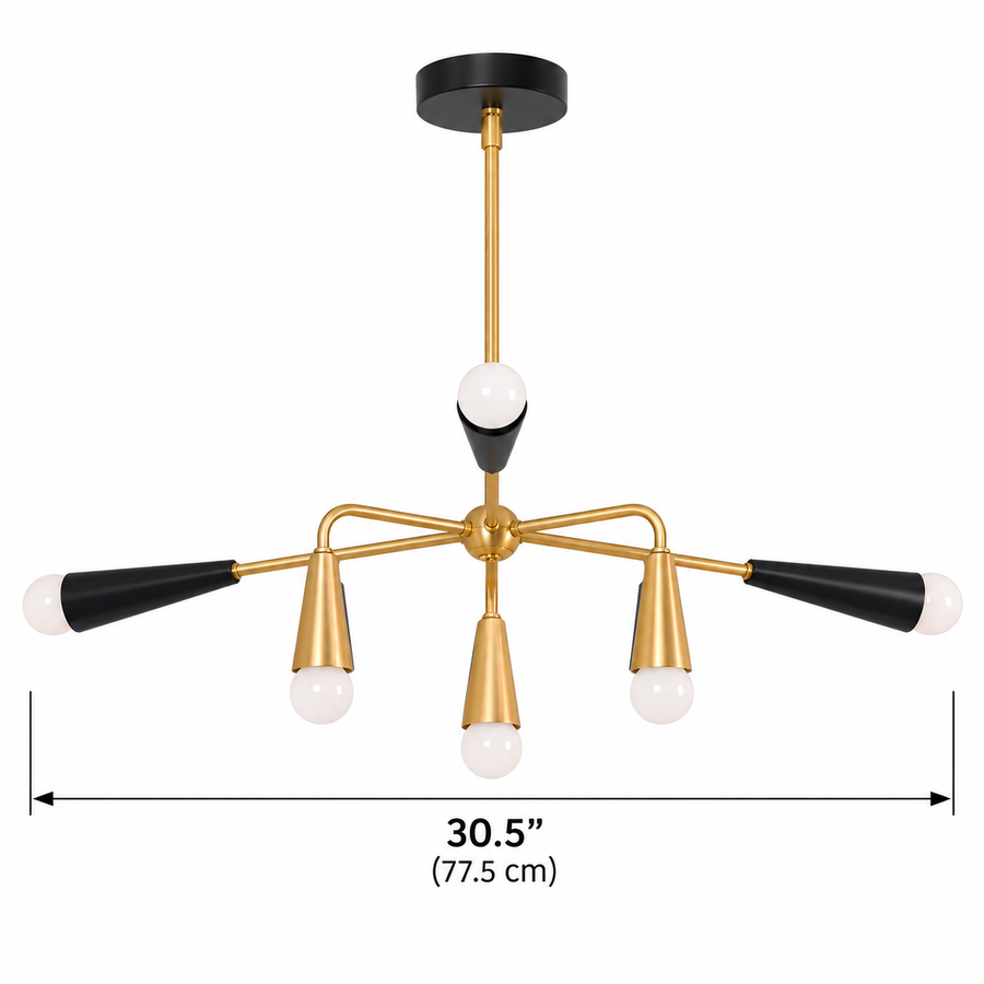 Osaka 6-light Mid-Century Modern chandelier illuminating a contemporary kitchen island with a marble countertop, walnut cabinetry, upholstered counter stools, and warm ambient lighting.