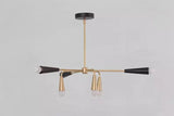 Front view of the Osaka 6-light Mid-Century Modern chandelier featuring black and brass-tone cone holders, exposed white globe bulbs, slender metal arms, and a round black ceiling canopy.