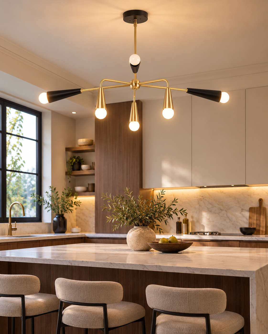 Osaka 6-light Mid-Century Modern chandelier illuminating a contemporary kitchen island with a marble countertop, walnut cabinetry, upholstered counter stools, and warm ambient lighting.