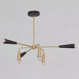 Side view of the Osaka 6-light sculptural chandelier featuring elongated black cone holders, downward-facing brass-tone shades, exposed white bulbs, and a central suspension rod.