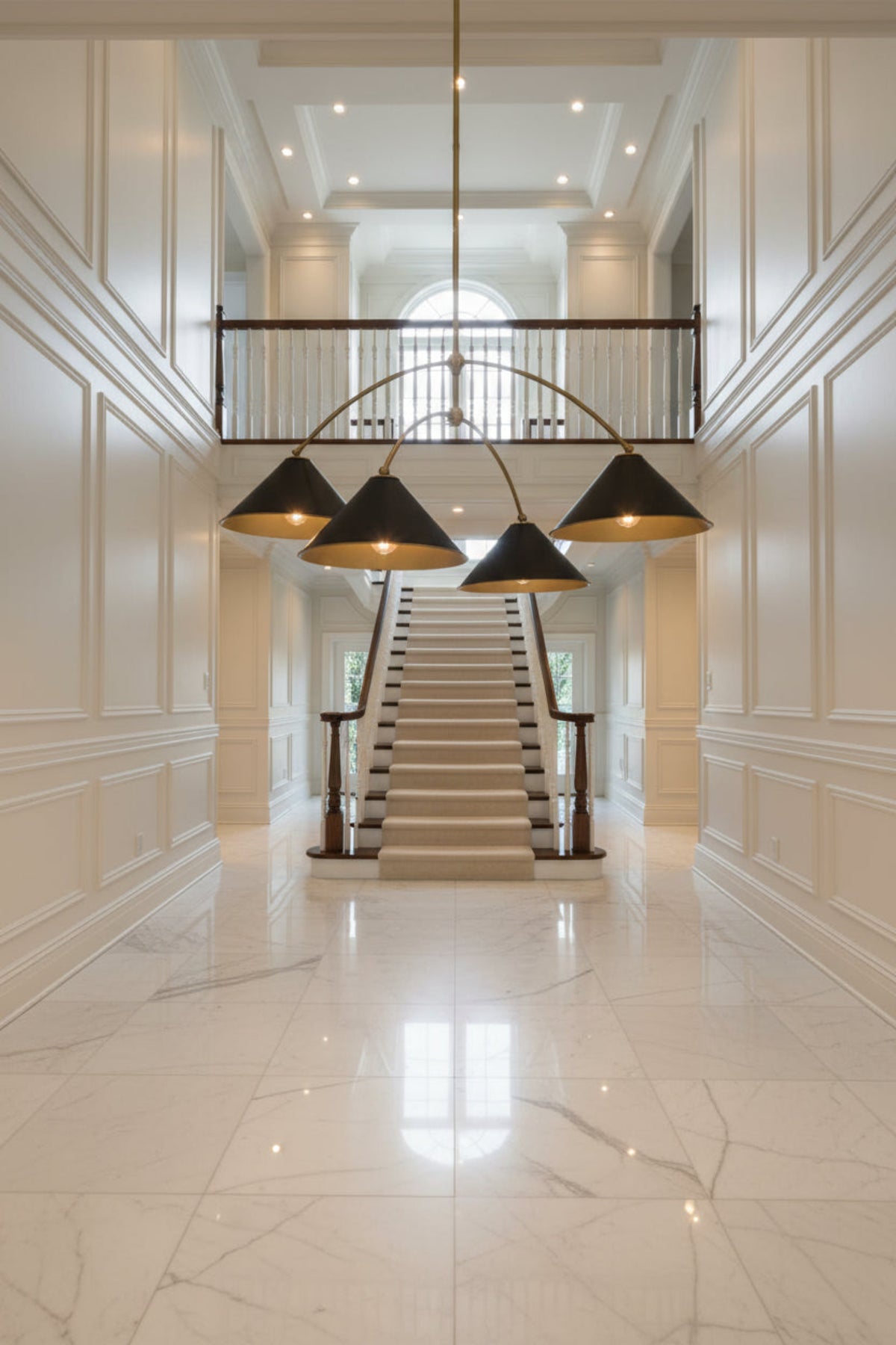 Oslo 4 light black cone chandelier with sculptural curved brass frame, alternate product view