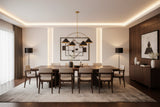 Oslo 4 light arched cone chandelier with black shades and brass frame, front view