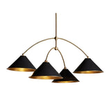 Oslo Mid-Century Modern 4 light chandelier featuring black cone shades and curved brass arms