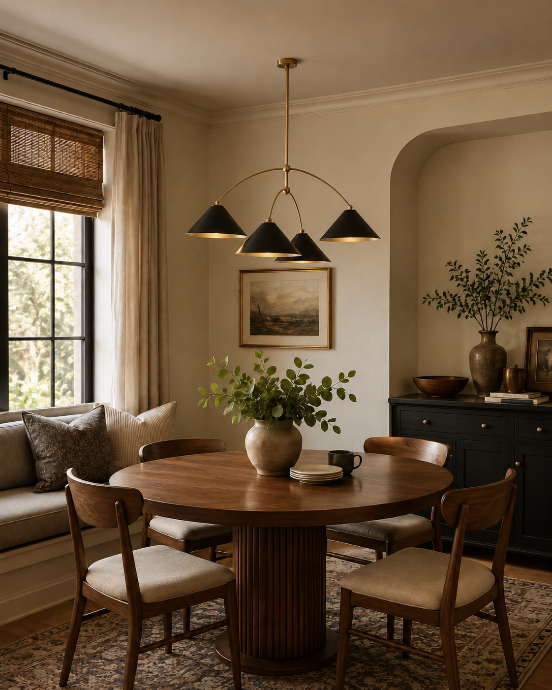 Oslo 4 light black and brass arched cone chandelier displayed above a round wooden dining table in a warm modern dining room