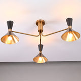 Angled view of Oslo Cone Arm Chandelier highlighting three directional cone shades and perforated shade detailing.