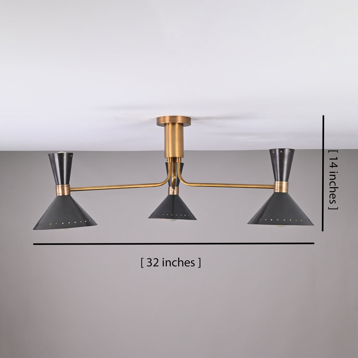 Oslo Cone Arm Chandelier shown with 32 inch width and 14 inch overall height dimensions.