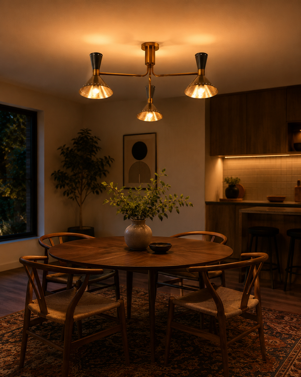 Oslo Cone Arm Chandelier installed above a round dining table in a warm modern dining room.