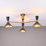 Front view of Oslo Cone Arm Chandelier with three cone shades, slim arms, and compact ceiling mount.