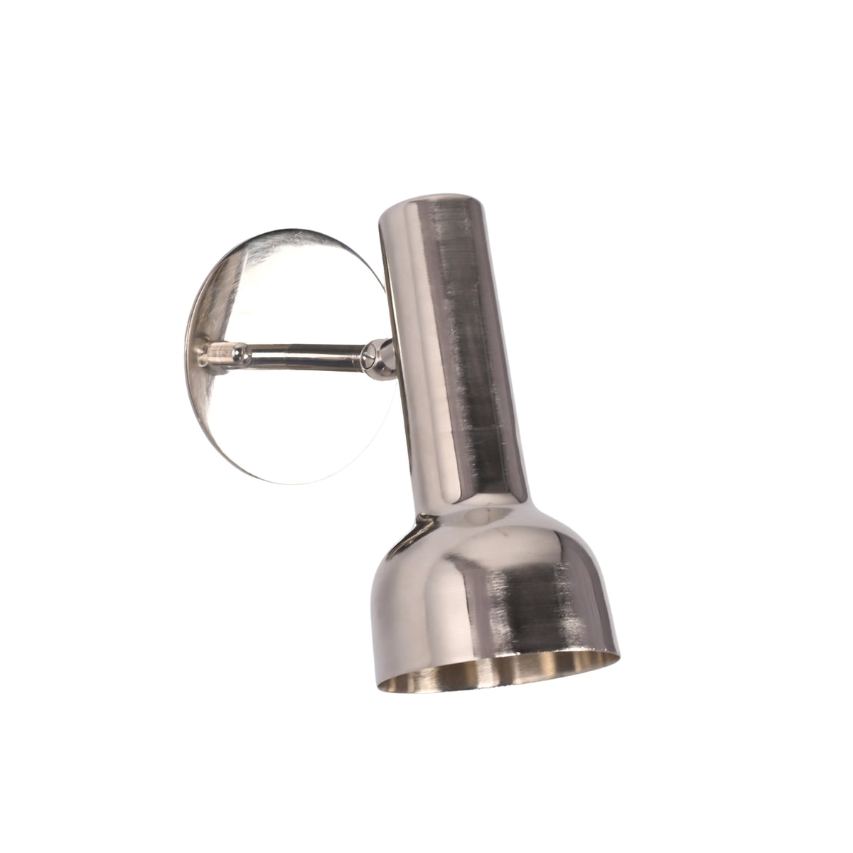 Rear angled view of Oslo contemporary polished nickel directional wall spotlight featuring a handcrafted cylindrical shade and round wall backplate.
