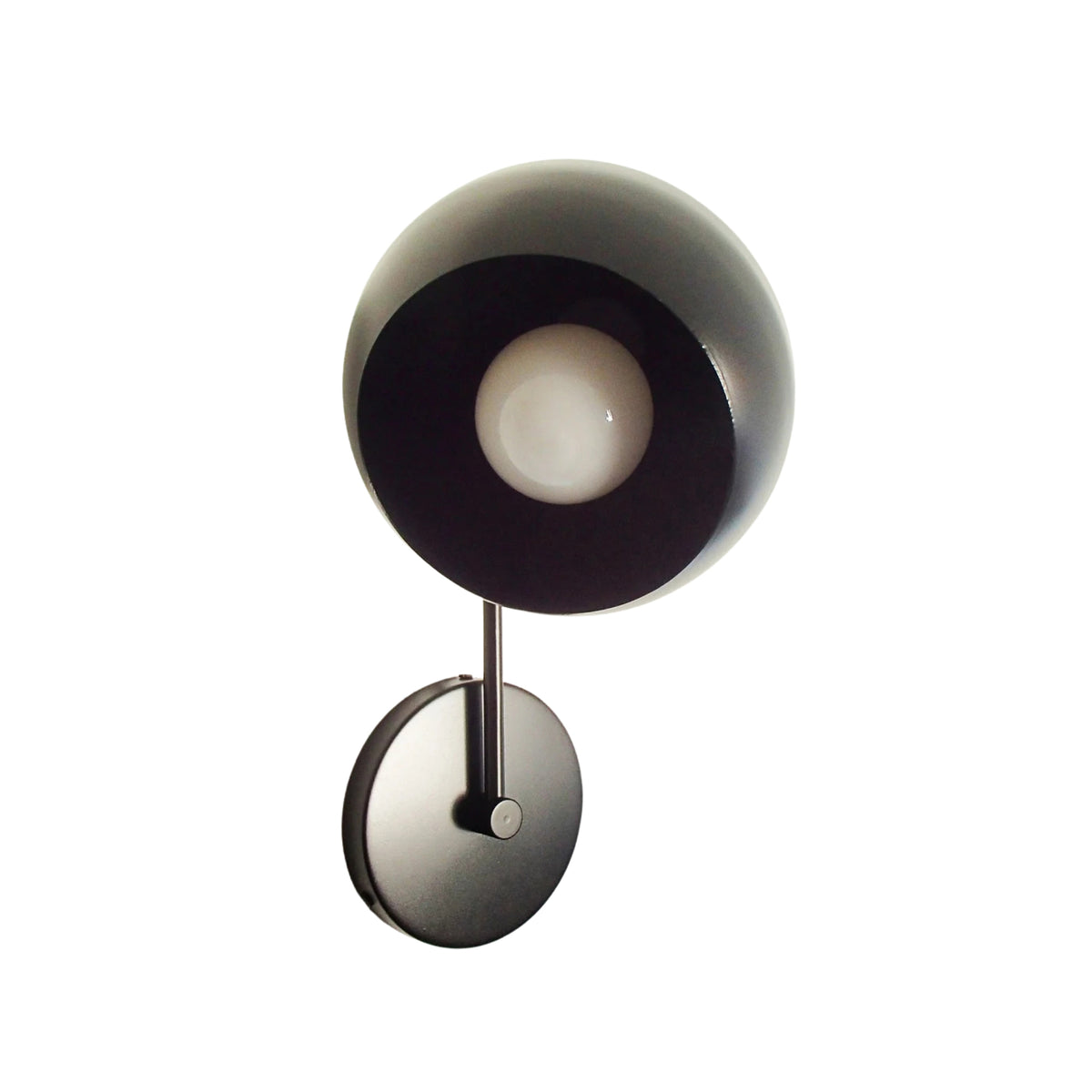 Front view of Oslo black dome wall sconce with centered globe bulb and round mounting canopy.