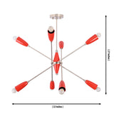 Dimension drawing of the Oslo Modern Cone Sputnik Chandelier featuring eight red tapered cone shades, brushed nickel frame, 32-inch width, 27-inch overall height, and round ceiling canopy.