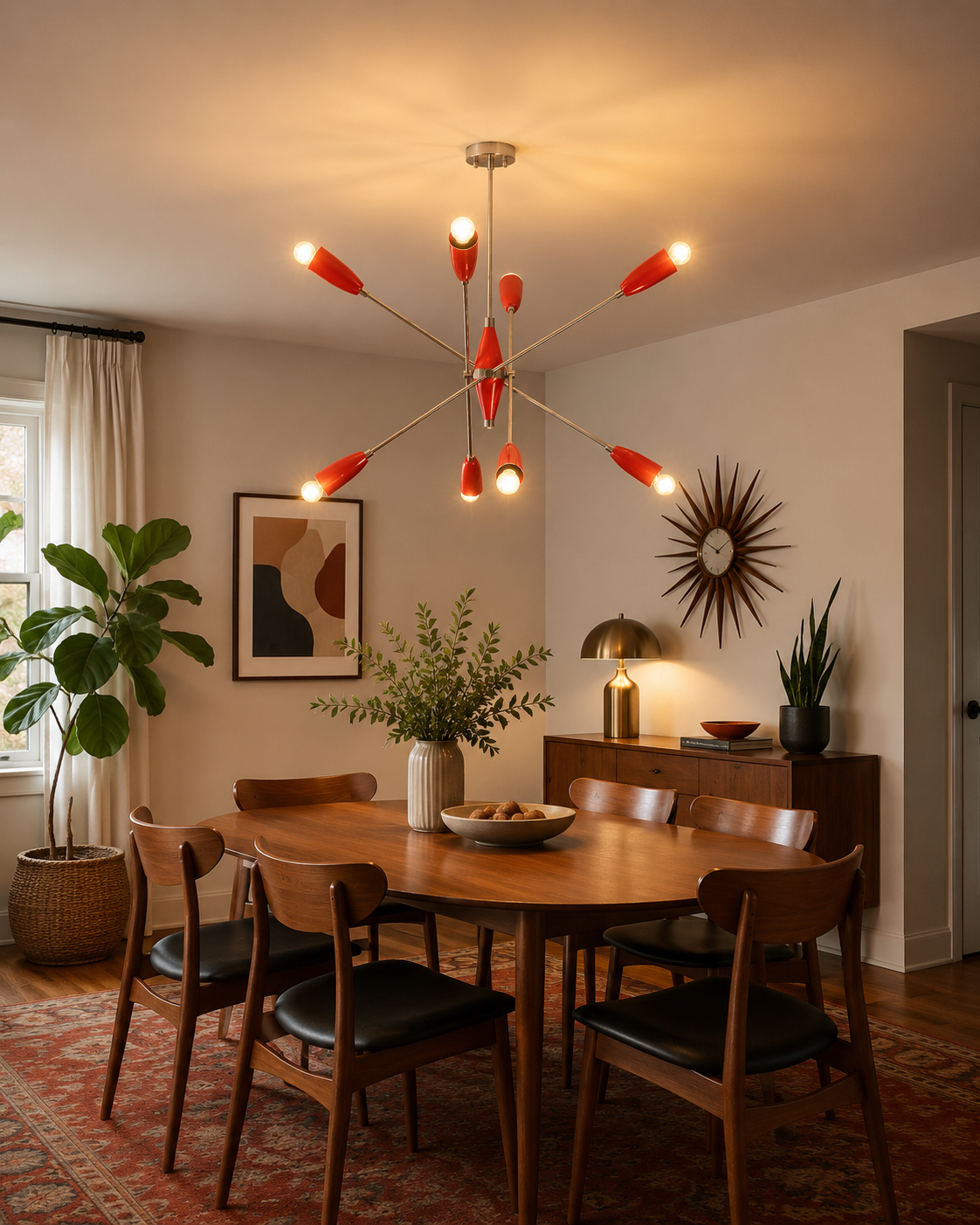 Oslo Modern Cone Sputnik Chandelier installed above a modern wooden dining table, featuring eight red cone shades, brushed nickel frame, warm ambient lighting, and Mid-Century Modern interior styling.