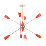Front illuminated view of the Oslo Modern Cone Sputnik Chandelier with eight red cone shades, brushed nickel arms, exposed globe bulbs, and Mid-Century Modern starburst design.