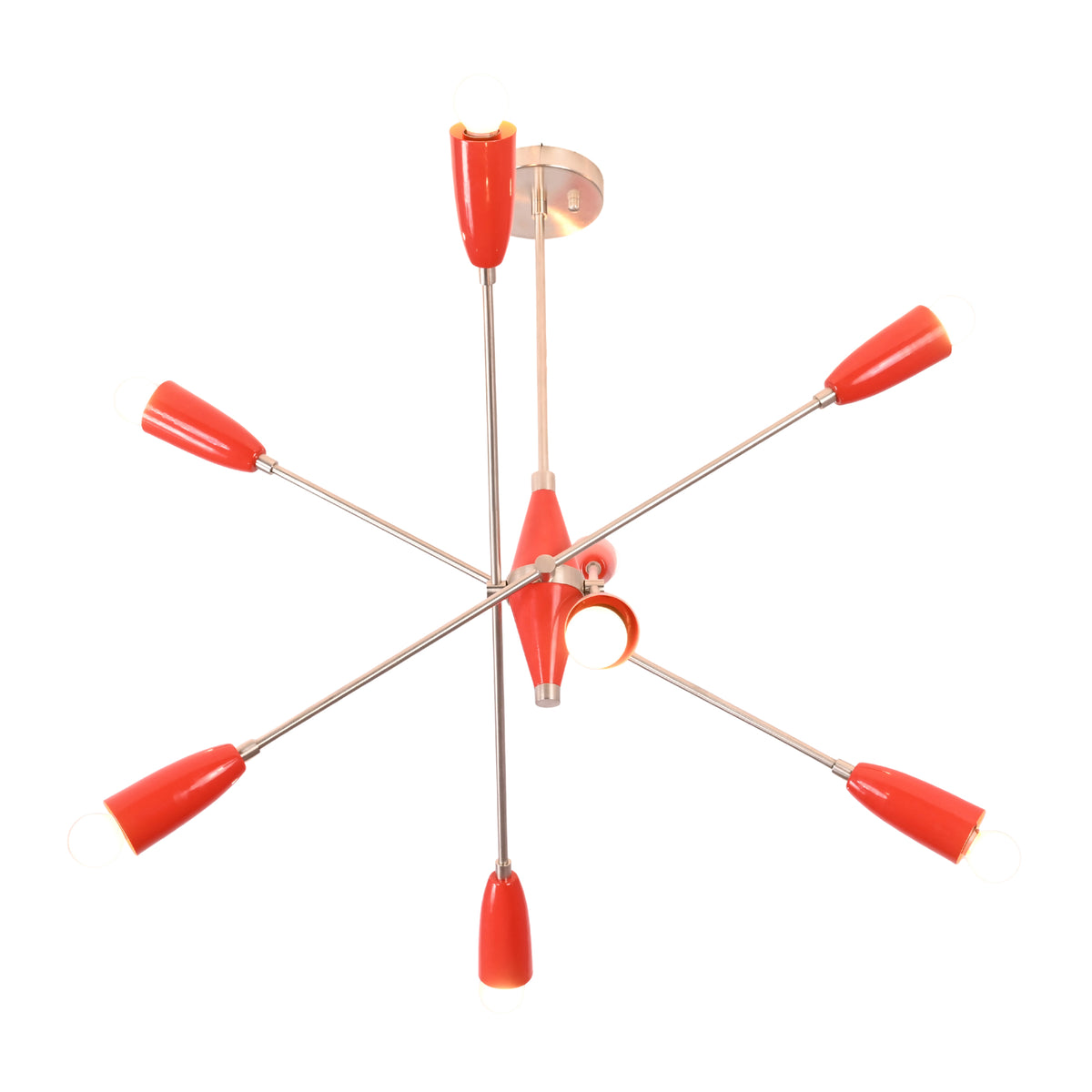 Side perspective of the Oslo Modern Cone Sputnik Chandelier highlighting eight red cone shades, brushed nickel structure, exposed globe bulbs, and balanced Sputnik silhouette.