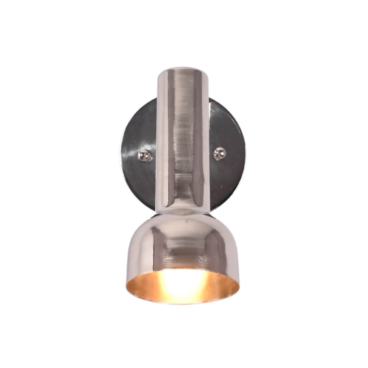 Front illuminated view of Oslo modern polished nickel accent wall light with handcrafted cylindrical shade casting warm focused downward illumination.