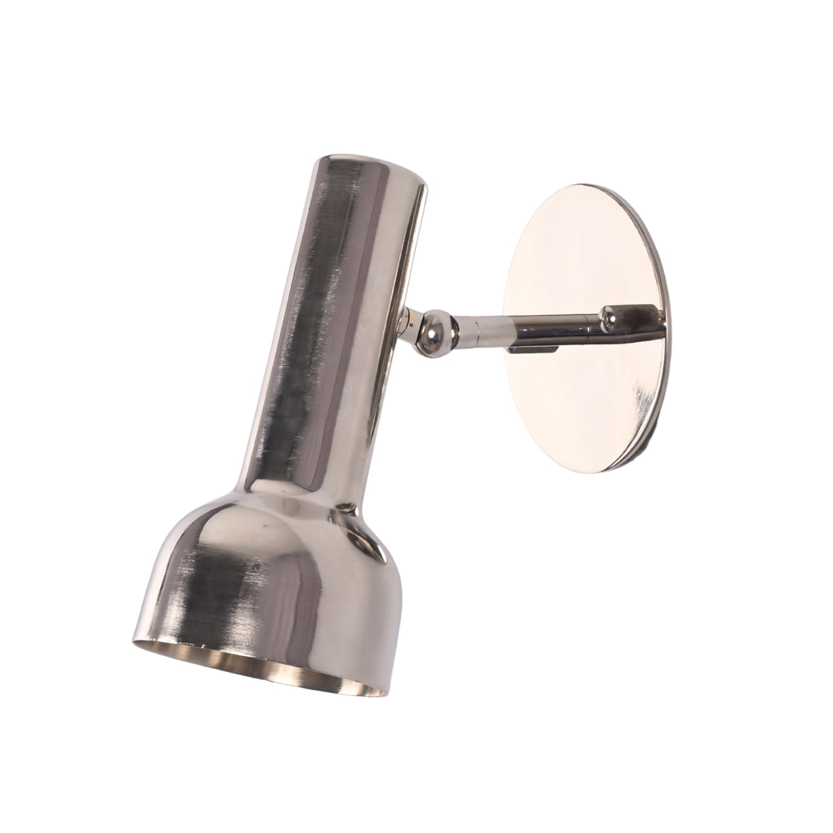 Angled view of Oslo modern polished nickel adjustable spotlight wall sconce with handcrafted cylindrical metal shade and adjustable swivel arm.