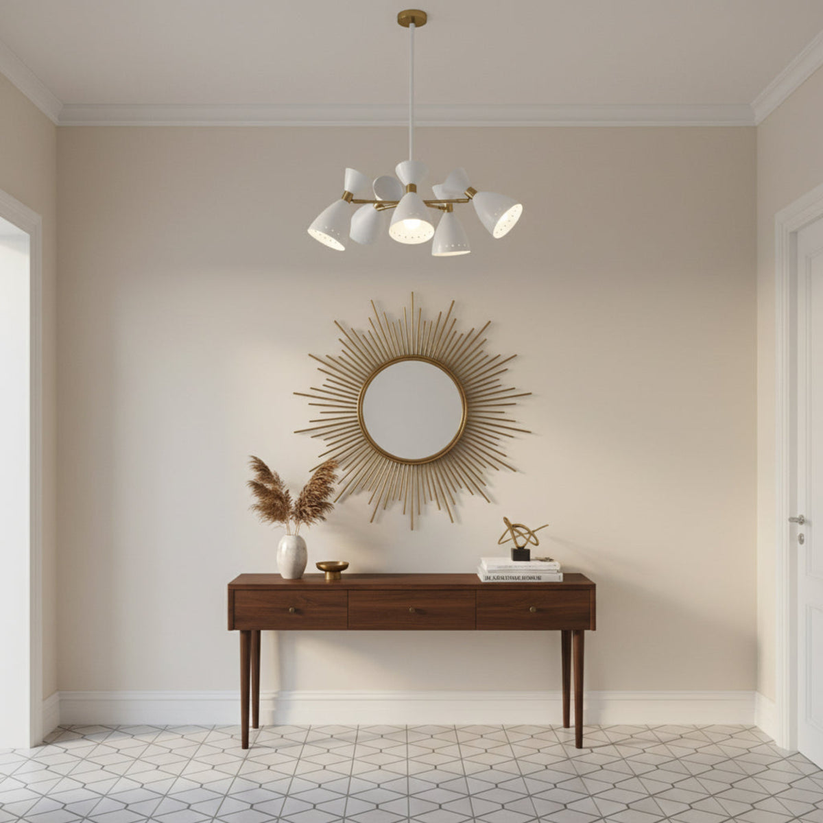 Angled view of Oslo 5 light chandelier with sculptural white perforated cone shades and brass radial frame.