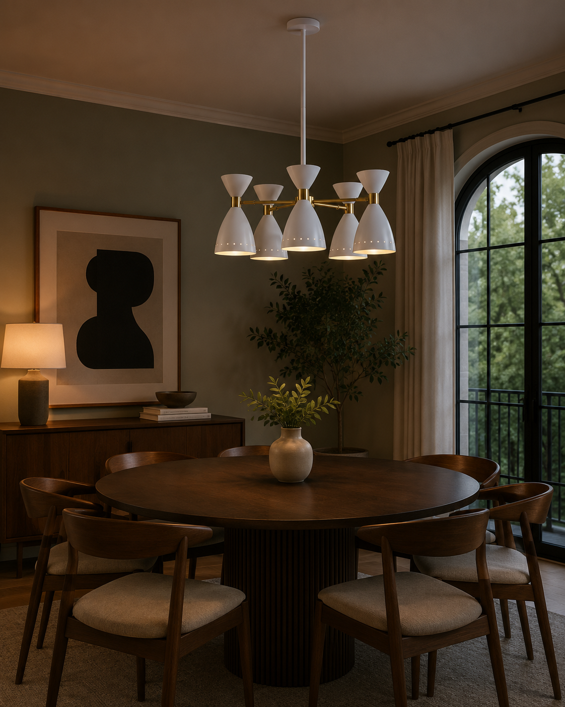 Oslo 5 light perforated cone chandelier illuminated above a round dining table in a warm modern dining room.