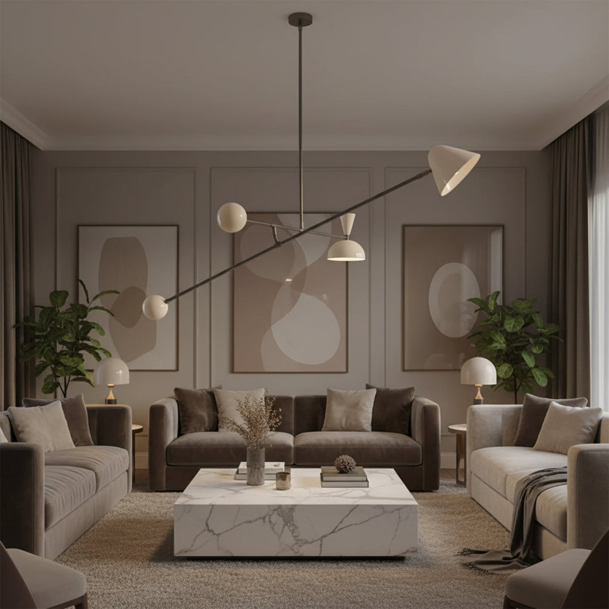 Oslo 2 light sculptural chandelier featuring asymmetric arms, white geometric shades and spherical counterweights, angled view, Model 62014