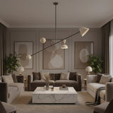 Oslo 2 light sculptural chandelier featuring asymmetric arms, white geometric shades and spherical counterweights, angled view, Model 62014