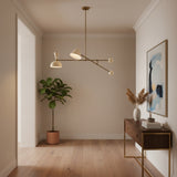 Oslo sculptural balance chandelier with two white shades, slender metal arms and spherical counterweights, Model 62014