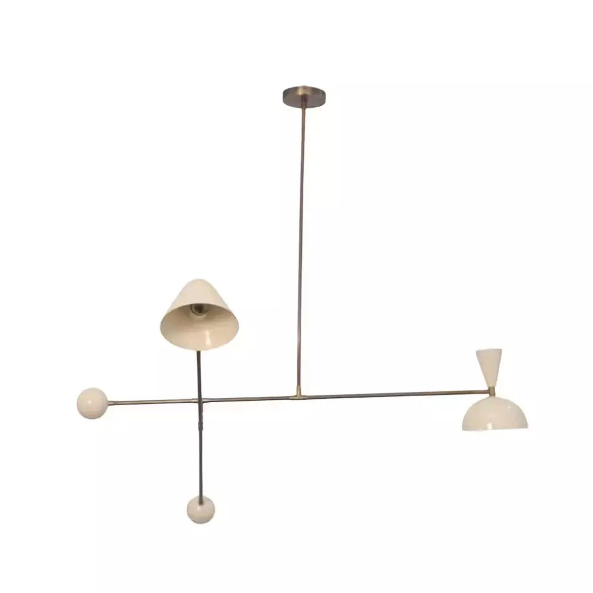 Oslo 2 light Mid-Century Modern balance chandelier with cone and dome shades, full product view, Model 62014