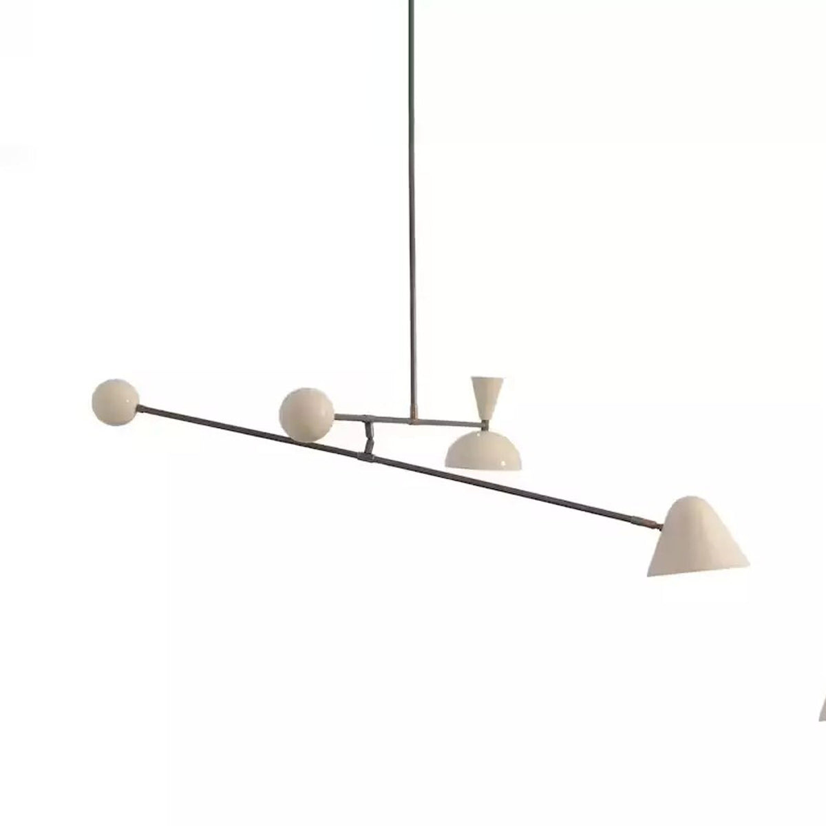 Oslo sculptural balance chandelier with elongated 36 inch linear frame, two white shades and counterweight details, side view, Model 62014