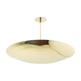 Oslo 5 light polished brass disc chandelier shown from an angled view highlighting its broad sculptural metal shade.