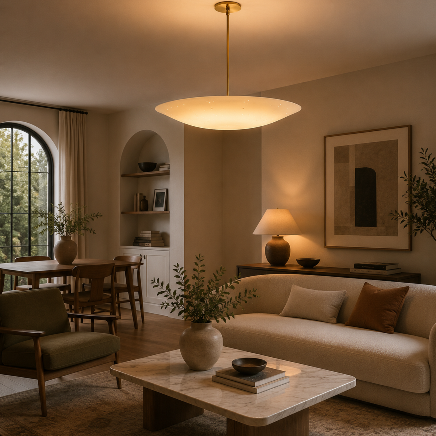 Oslo 5 light sculptural disc chandelier illuminated in a warm modern living room above a contemporary seating area.