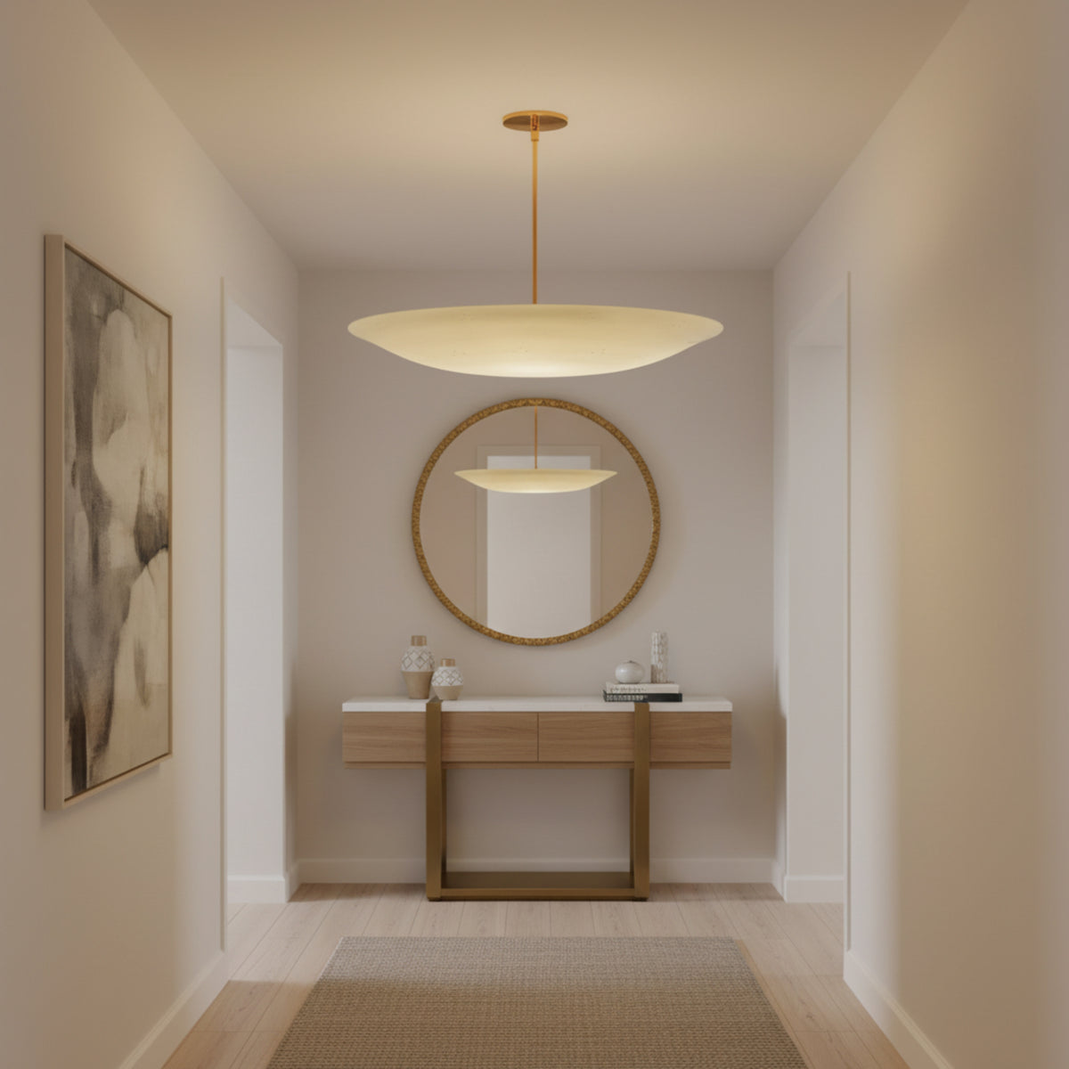 Oslo 5 light brass disc chandelier shown from the side highlighting its slim shallow bowl profile and fixed suspension rod.