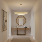 Oslo 5 light brass disc chandelier shown from the side highlighting its slim shallow bowl profile and fixed suspension rod.
