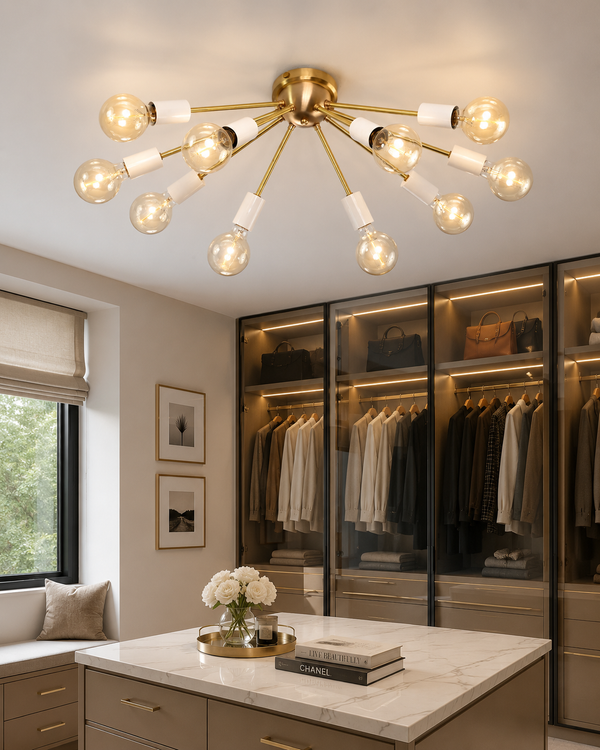 Oslo Sputnik flush mount chandelier installed in a luxury walk-in closet, providing warm ambient lighting and modern elegance.