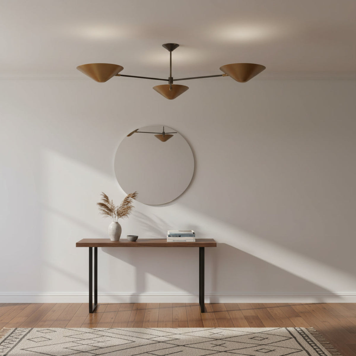 Oslo three cone chandelier with Mid-Century Modern brass shades, angled product view