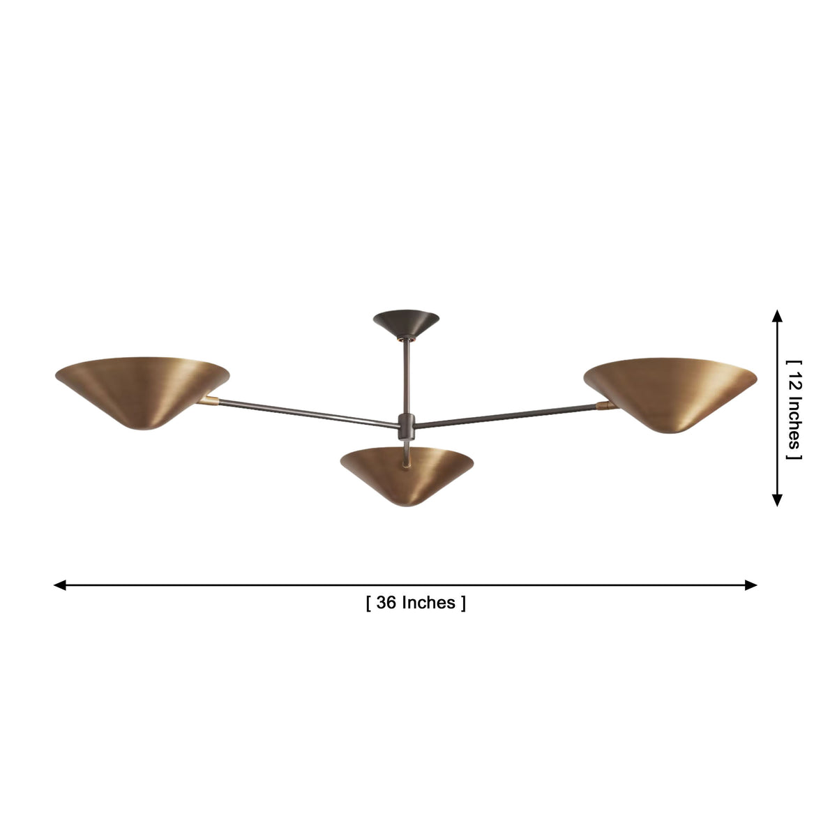 Oslo three cone chandelier dimensions showing 36 inch width and 12 inch height