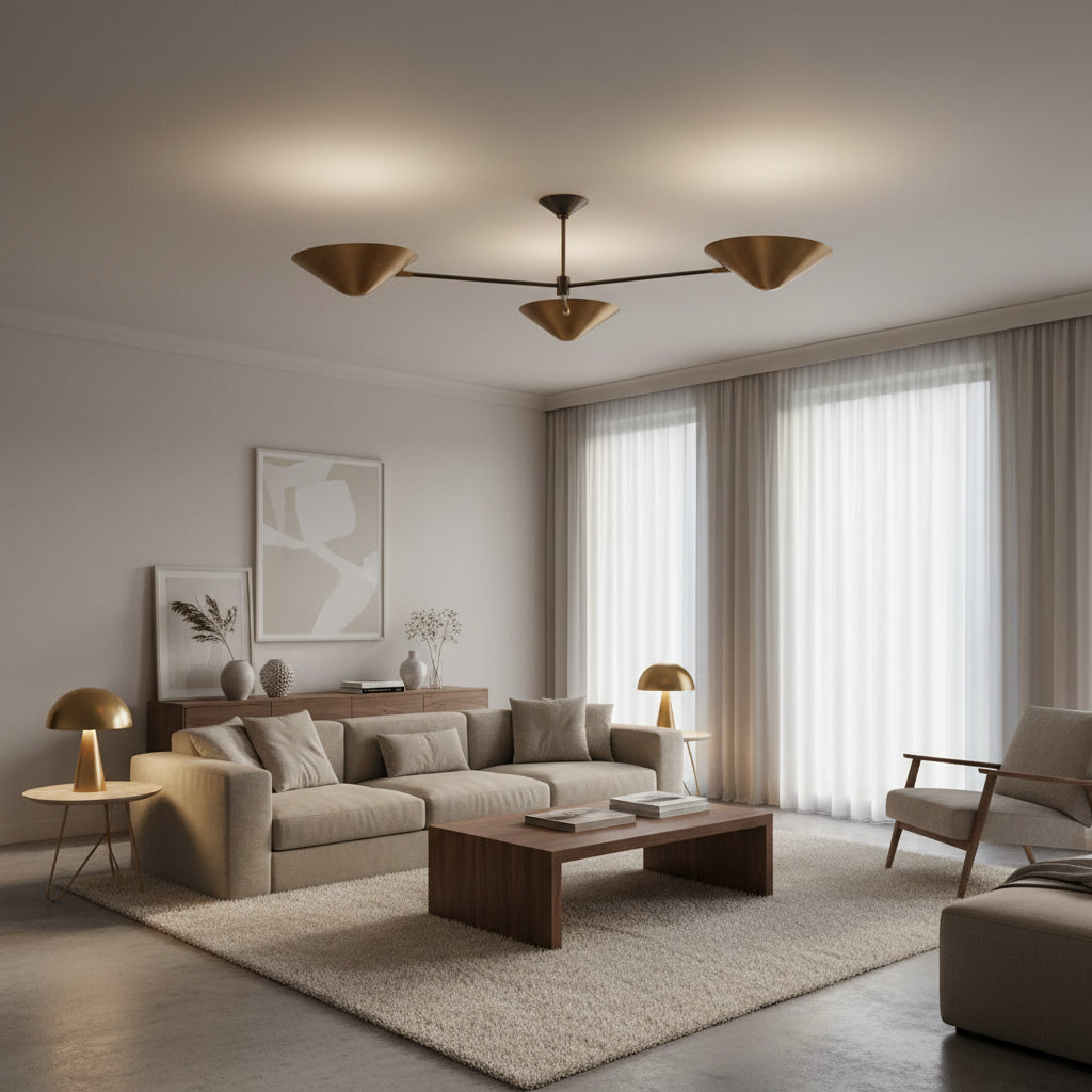 Oslo three cone chandelier with sculptural brass shades and extended arms, front view, 36 inch