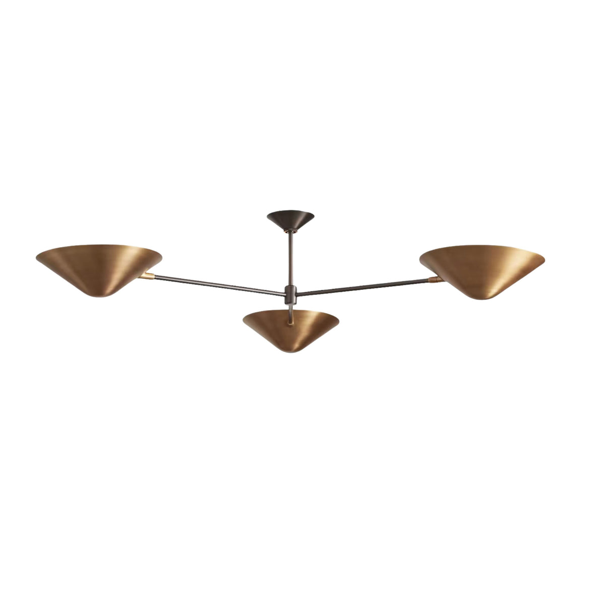 Oslo three light sculptural chandelier with brass cone shades and extended arms, perspective view