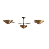 Oslo three light sculptural chandelier with brass cone shades and extended arms, perspective view