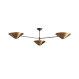 Oslo three light cone chandelier featuring wide brass shades and slim metal arms on white background