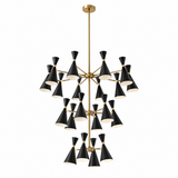 Oslo 20 light three-tier chandelier front view featuring sculptural black cone shades and warm brass-tone arms.